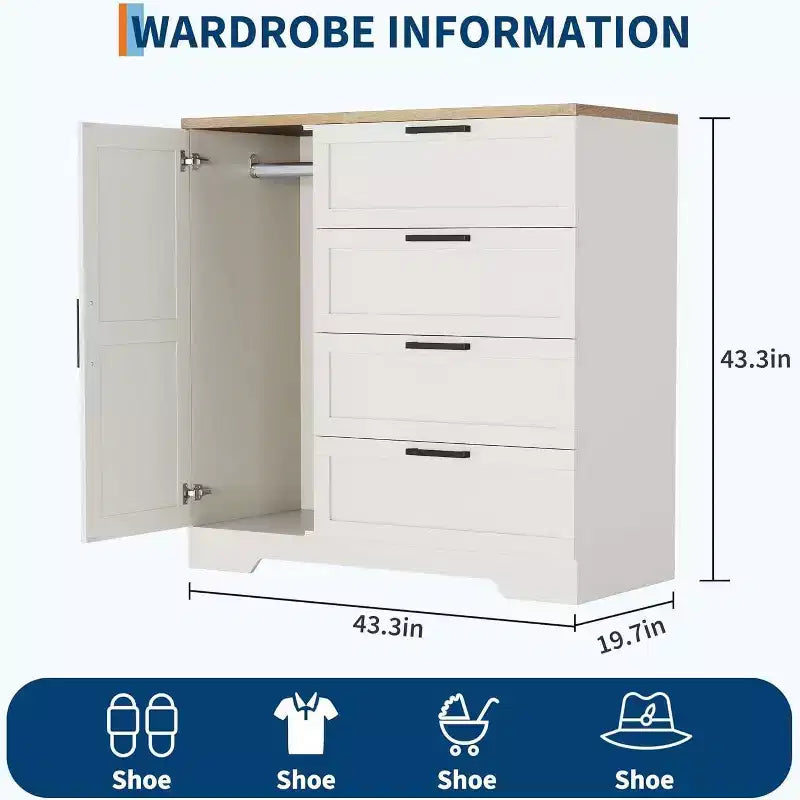Acekool Armadio Guardaroba in Legno, Armadio da Camera da Letto da 110 cm con 4 Cassetti, Anta, Asta Appendiabiti, Organizzatore di Archiviazione