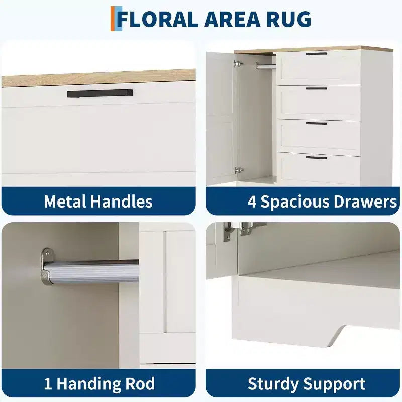 Acekool Armadio Guardaroba in Legno, Armadio da Camera da Letto da 110 cm con 4 Cassetti, Anta, Asta Appendiabiti, Organizzatore di Archiviazione