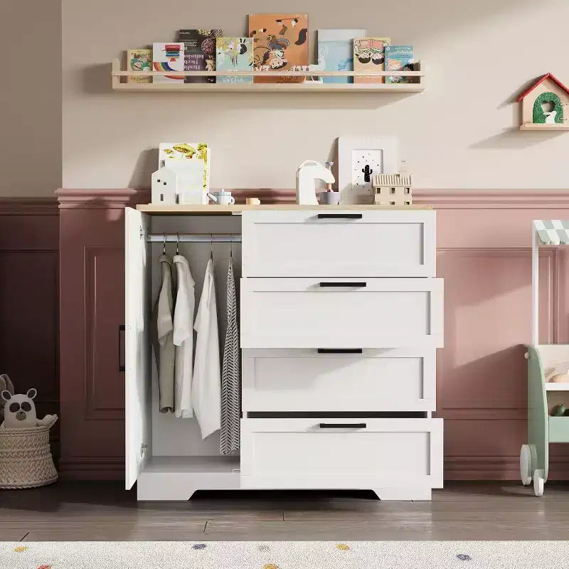 Acekool Armadio Guardaroba in Legno, Armadio da Camera da Letto da 110 cm con 4 Cassetti, Anta, Asta Appendiabiti, Organizzatore di Archiviazione