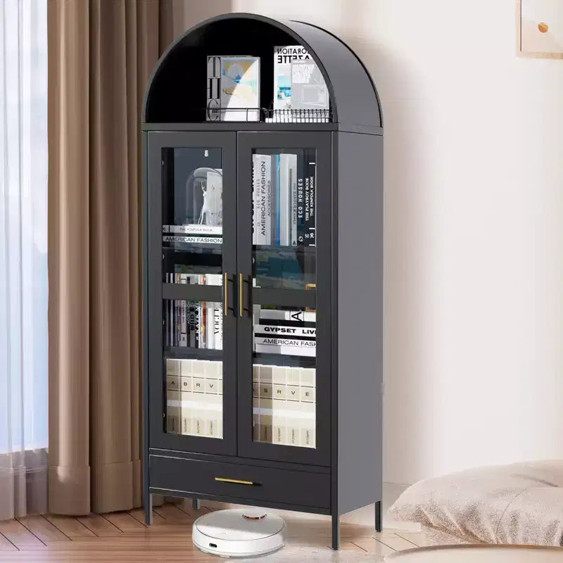 73 Arched Metal Storage Cabinet, Kitchen Pantry Cabinet with Glass Doors, Freestanding Collectibles Display Cabinet, Versatile Bookcase with Drawer