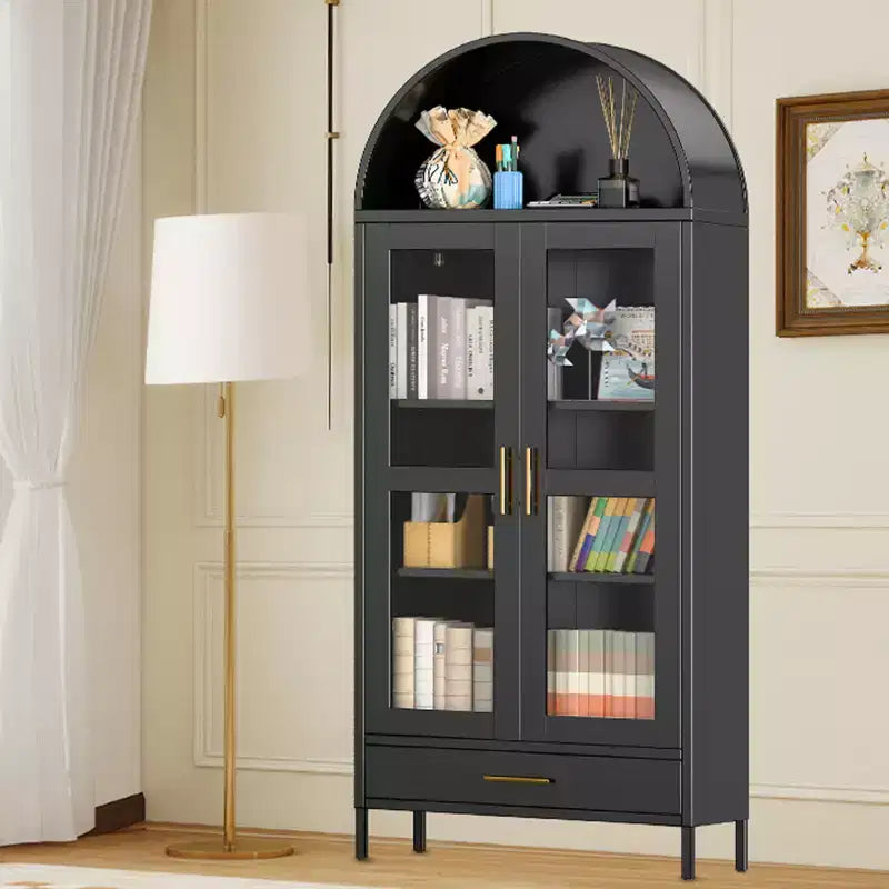 73 Mobile Dispensa da Cucina in Metallo con Ante in Vetro, Armadio a Colonna ad Arco, Mobile Dispensa Autoportante per Collezioni, Versatile Libreria con Cassetto