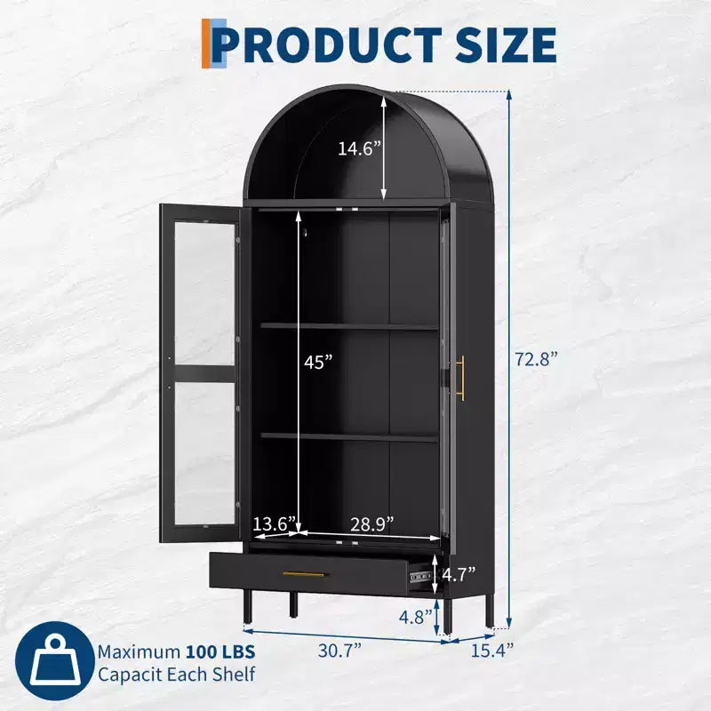 73 Mobile Dispensa da Cucina in Metallo con Ante in Vetro, Armadio a Colonna ad Arco, Mobile Dispensa Autoportante per Collezioni, Versatile Libreria con Cassetto