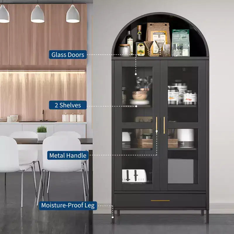 73 Mobile Dispensa da Cucina in Metallo con Ante in Vetro, Armadio a Colonna ad Arco, Mobile Dispensa Autoportante per Collezioni, Versatile Libreria con Cassetto
