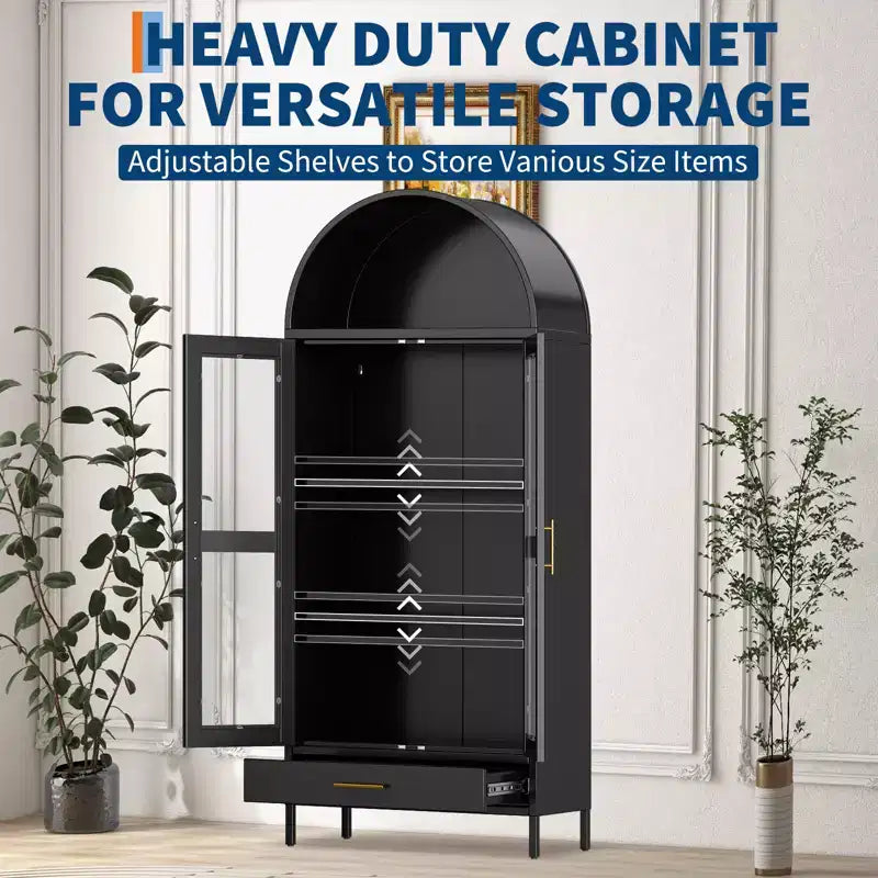 73 Mobile Dispensa da Cucina in Metallo con Ante in Vetro, Armadio a Colonna ad Arco, Mobile Dispensa Autoportante per Collezioni, Versatile Libreria con Cassetto