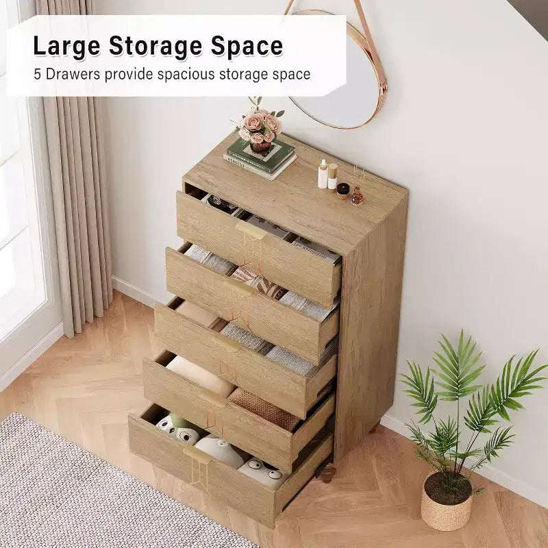 Comò in Legno Alto a 5 Cassetti con Design a Fantasia Vintage, Comò Moderno con Cassetti Profondi per Camera da Letto, Soggiorno, Ingresso