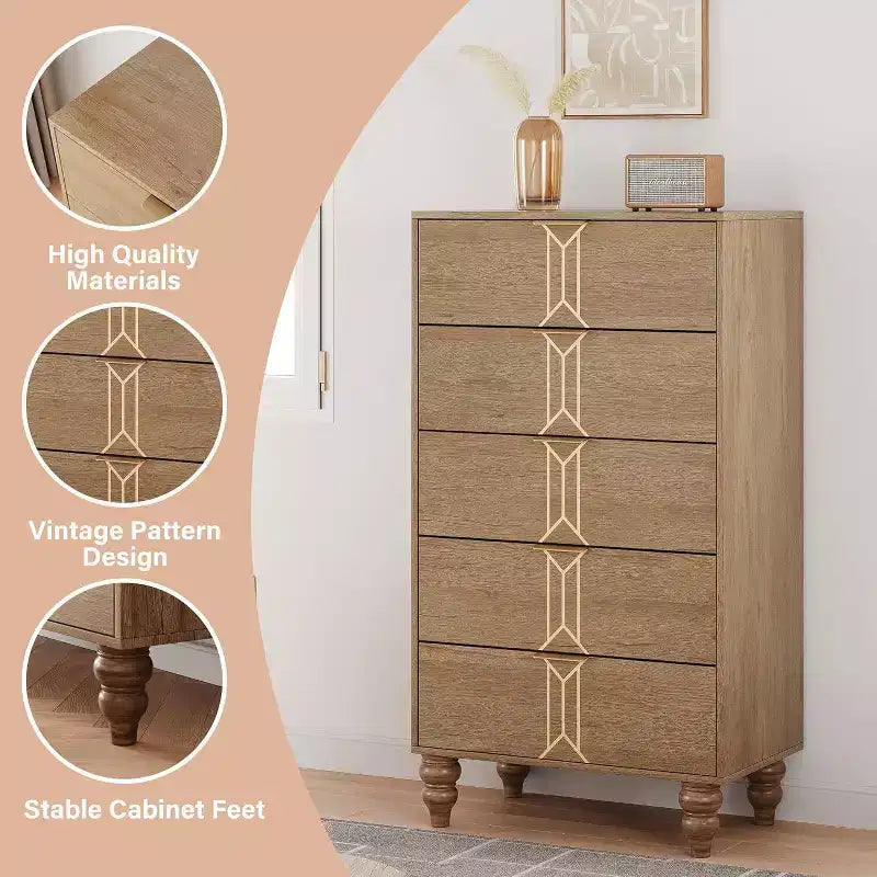 Comò in Legno Alto a 5 Cassetti con Design a Fantasia Vintage, Comò Moderno con Cassetti Profondi per Camera da Letto, Soggiorno, Ingresso