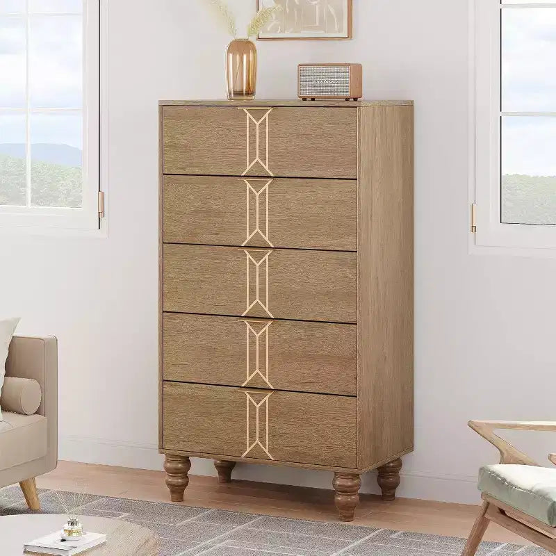Comò in Legno Alto a 5 Cassetti con Design a Fantasia Vintage, Comò Moderno con Cassetti Profondi per Camera da Letto, Soggiorno, Ingresso
