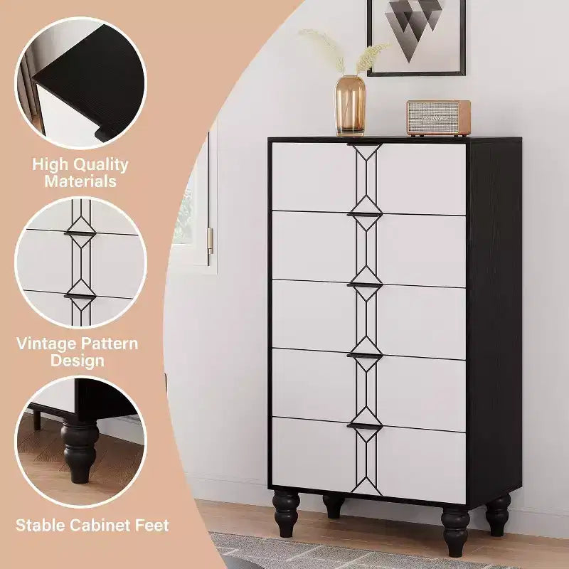 Comò in Legno Alto a 5 Cassetti con Design a Fantasia Vintage, Comò Moderno con Cassetti Profondi per Camera da Letto, Soggiorno, Ingresso