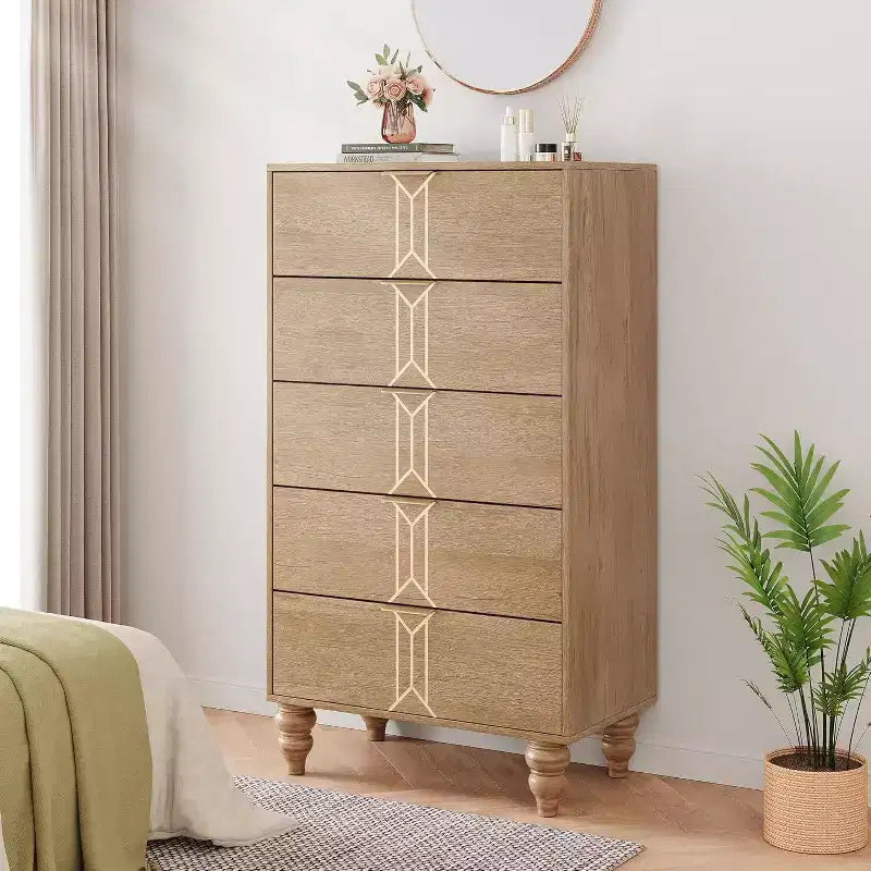 Comò in Legno Alto a 5 Cassetti con Design a Fantasia Vintage, Comò Moderno con Cassetti Profondi per Camera da Letto, Soggiorno, Ingresso
