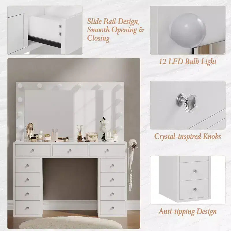 Toeletta con presa di corrente, toeletta con specchio e 12 luci, 3 modalità di illuminazione, piano in vetro, tavolo da trucco per camera da letto