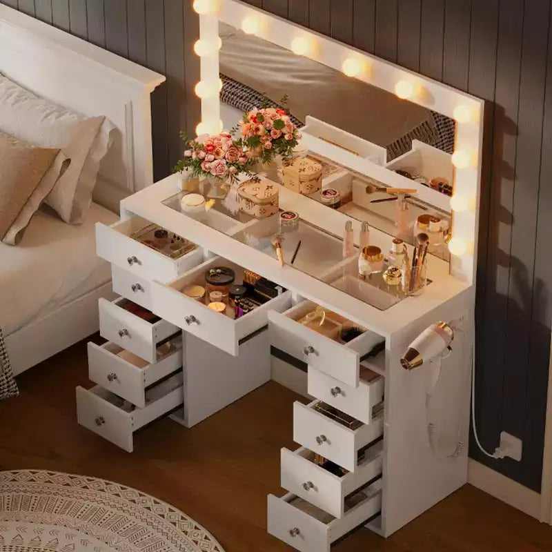 Toeletta con presa di corrente, toeletta con specchio e 12 luci, 3 modalità di illuminazione, piano in vetro, tavolo da trucco per camera da letto