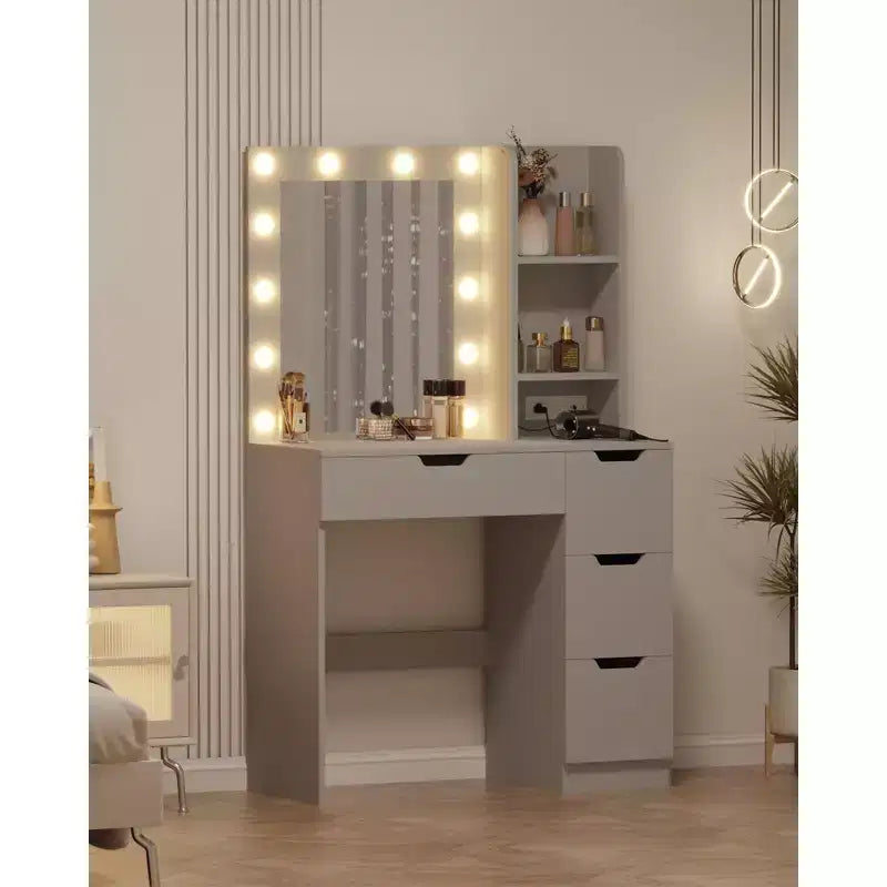Toeletta con Specchio, Tavolo da Trucco con 4 Cassetti e 3 Ripiani Contenitori per Camera da Letto e Spogliatoio
