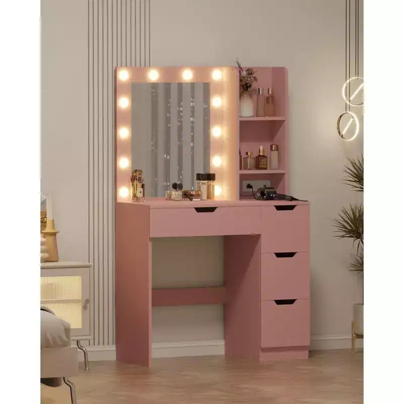 Toeletta con Specchio, Tavolo da Trucco con 4 Cassetti e 3 Ripiani Contenitori per Camera da Letto e Spogliatoio