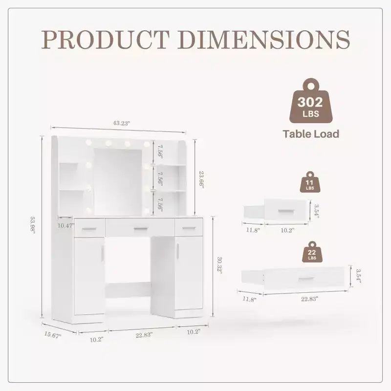 Toeletta Minimalista Bianca con Specchio Grande e Luci a LED, Tavolo da Trucco con Cassetti e Armadietti, Scrivania da Trucco per Camere da Letto