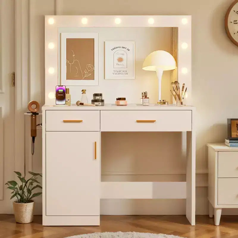 Toeletta Minimalista Bianca con Specchio Grande e Luci a LED, Tavolo da Trucco con Cassetti e Armadietti, Scrivania da Trucco per Camere da Letto