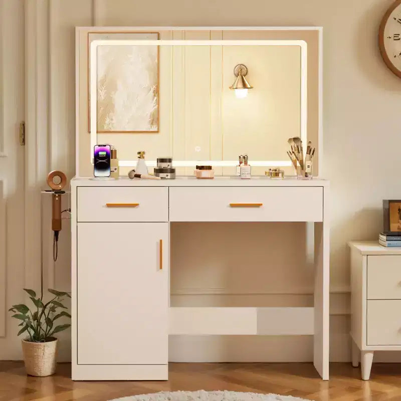 Toeletta Minimalista Bianca con Specchio Grande e Luci a LED, Tavolo da Trucco con Cassetti e Armadietti, Scrivania da Trucco per Camere da Letto