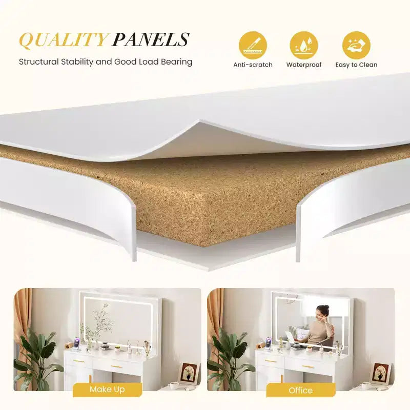 Toeletta Minimalista Bianca con Specchio Grande e Luci a LED, Tavolo da Trucco con Cassetti e Armadietti, Scrivania da Trucco per Camere da Letto