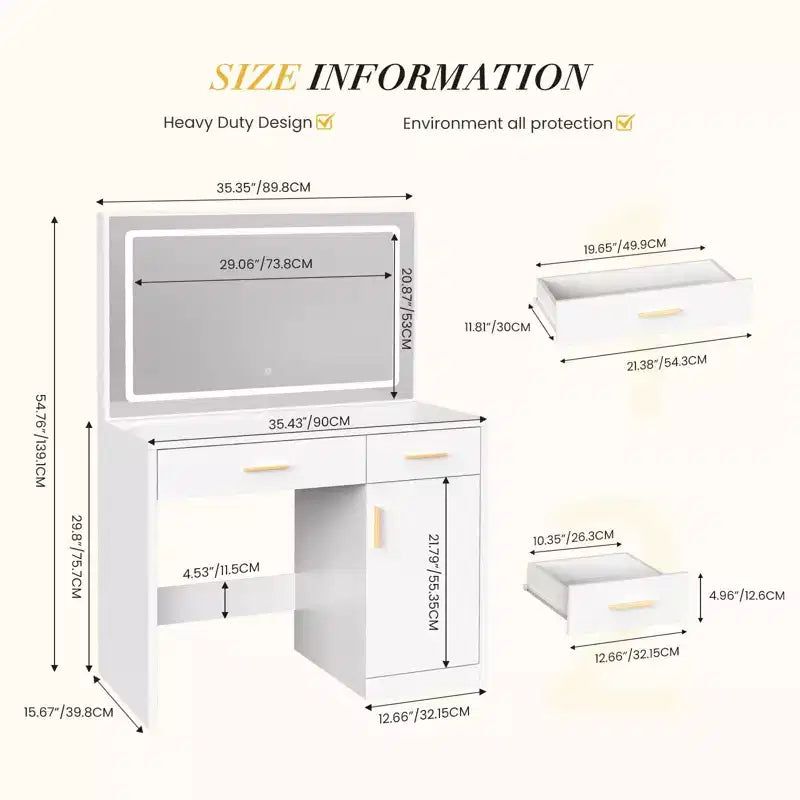 Toeletta Minimalista Bianca con Specchio Grande e Luci a LED, Tavolo da Trucco con Cassetti e Armadietti, Scrivania da Trucco per Camere da Letto