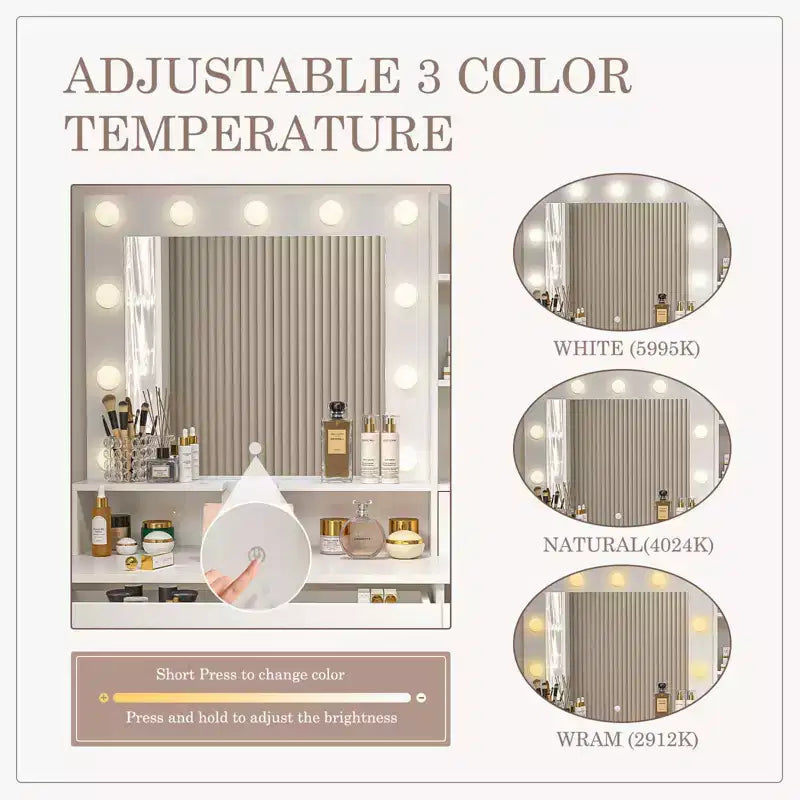 Toeletta Minimalista Bianca con Specchio Grande e Luci a LED, Tavolo da Trucco con Cassetti e Armadietti, Scrivania da Trucco per Camere da Letto