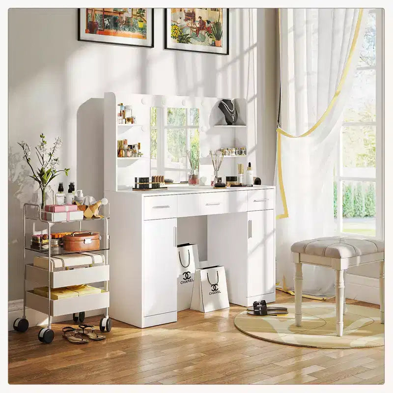 Toeletta Minimalista Bianca con Specchio Grande e Luci a LED, Tavolo da Trucco con Cassetti e Armadietti, Scrivania da Trucco per Camere da Letto