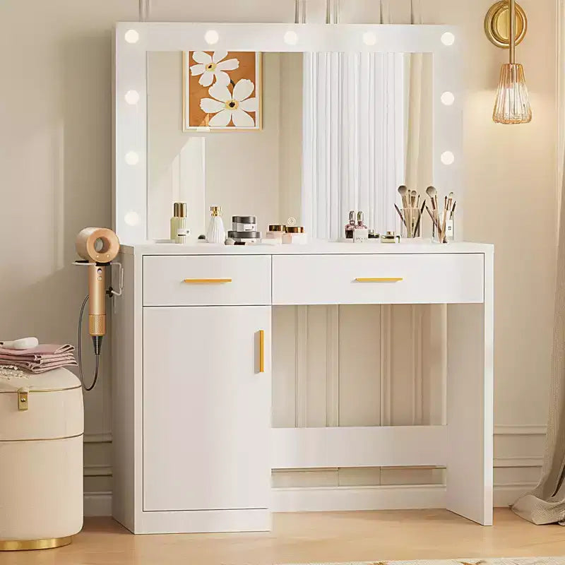 Toeletta Minimalista Bianca con Specchio Grande e Luci a LED, Tavolo da Trucco con Cassetti e Armadietti, Scrivania da Trucco per Camere da Letto