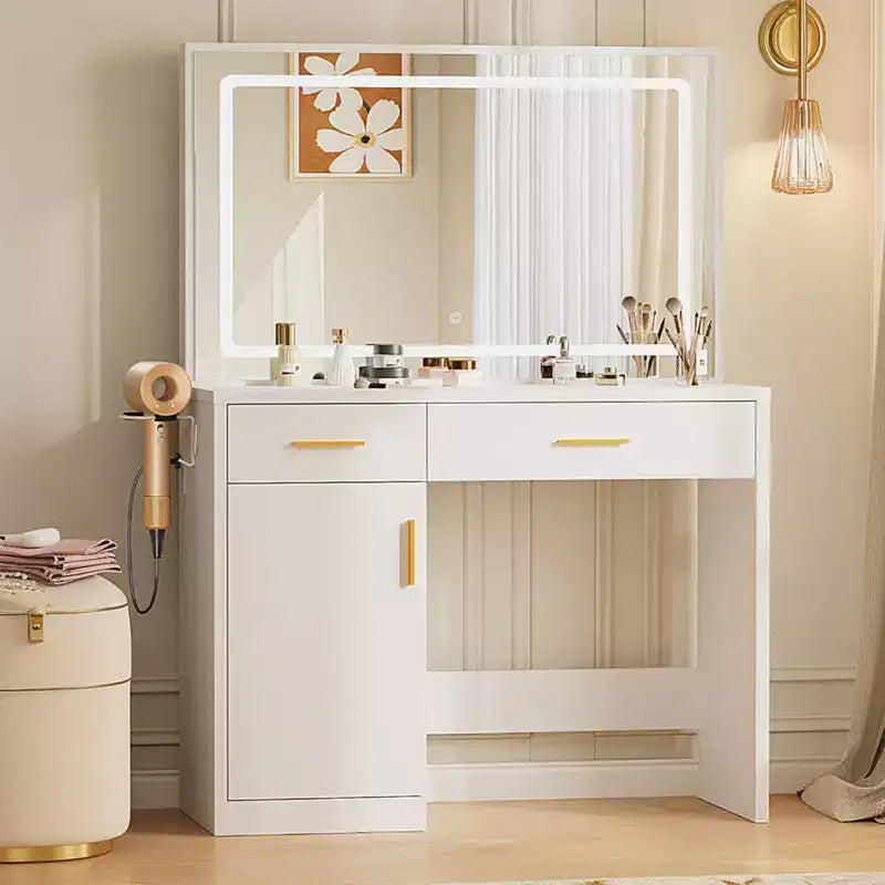 Toeletta Minimalista Bianca con Specchio Grande e Luci a LED, Tavolo da Trucco con Cassetti e Armadietti, Scrivania da Trucco per Camere da Letto