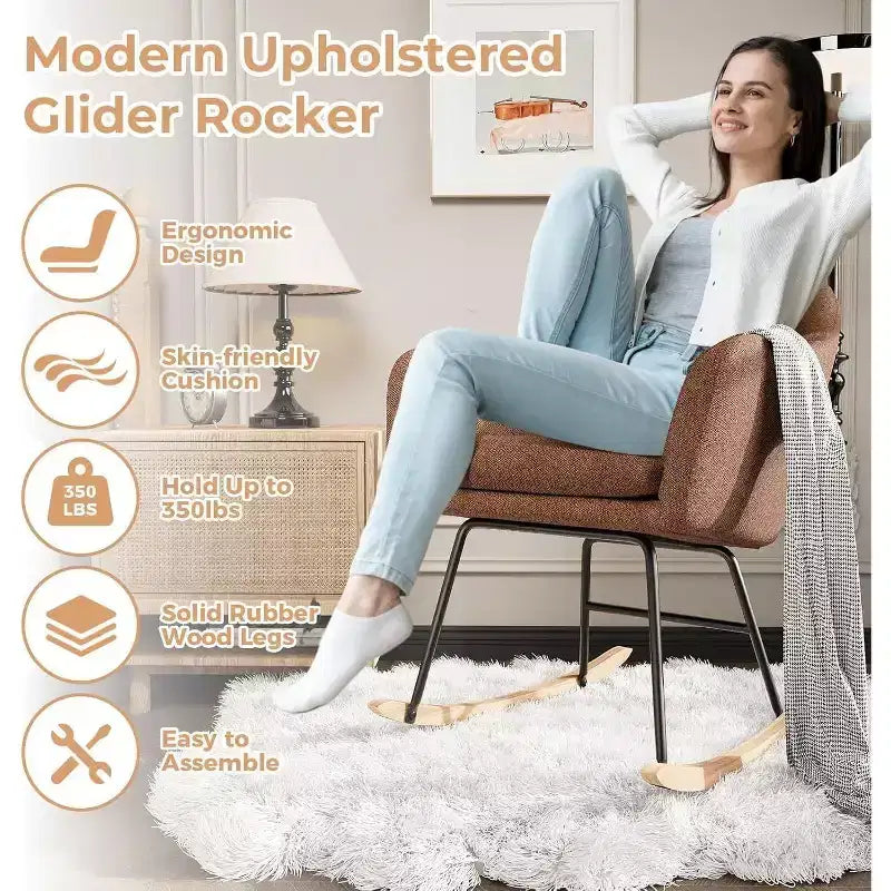 Sedia a Dondolo con Schienale Imbottito, Elegante Dondolo con Seduta Imbottita e Gambe in Legno di Caucciù, Elegante Poltrona Accento per Ufficio Domestico