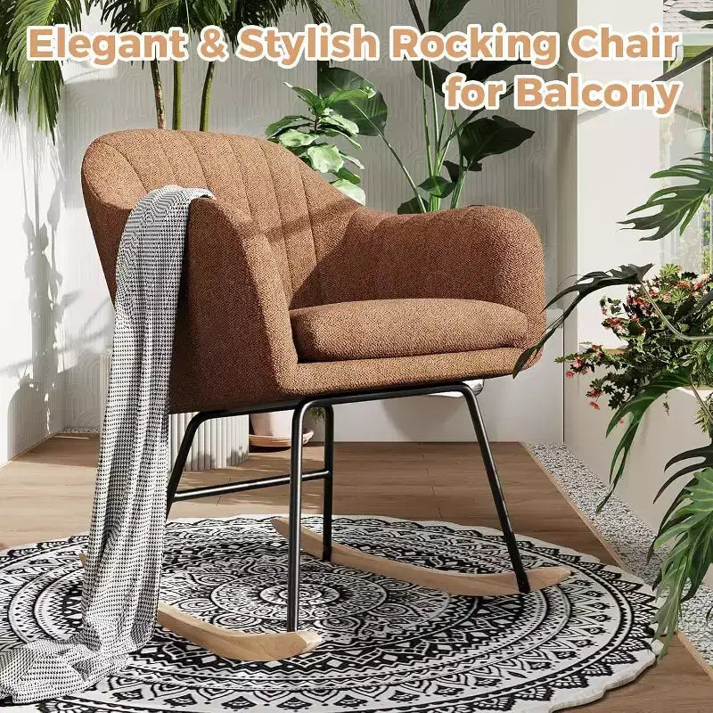 Sedia a Dondolo con Schienale Imbottito, Elegante Dondolo con Seduta Imbottita e Gambe in Legno di Caucciù, Elegante Poltrona Accento per Ufficio Domestico