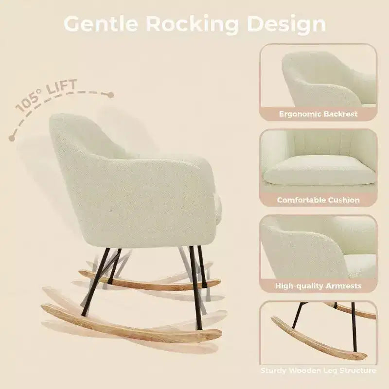 Sedia a Dondolo con Schienale Imbottito, Elegante Dondolo con Seduta Imbottita e Gambe in Legno di Caucciù, Elegante Poltrona Accento per Ufficio Domestico