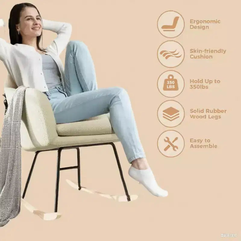 Sedia a Dondolo con Schienale Imbottito, Elegante Dondolo con Seduta Imbottita e Gambe in Legno di Caucciù, Elegante Poltrona Accento per Ufficio Domestico
