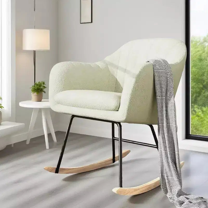 Sedia a Dondolo con Schienale Imbottito, Elegante Dondolo con Seduta Imbottita e Gambe in Legno di Caucciù, Elegante Poltrona Accento per Ufficio Domestico