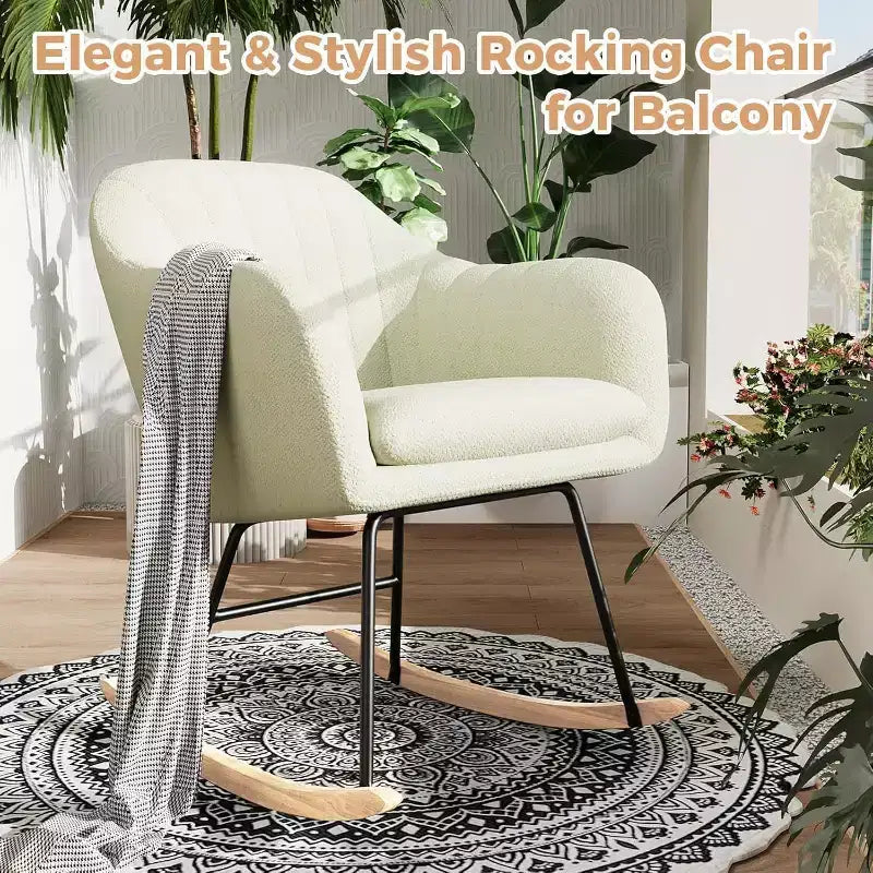 Sedia a Dondolo con Schienale Imbottito, Elegante Dondolo con Seduta Imbottita e Gambe in Legno di Caucciù, Elegante Poltrona Accento per Ufficio Domestico