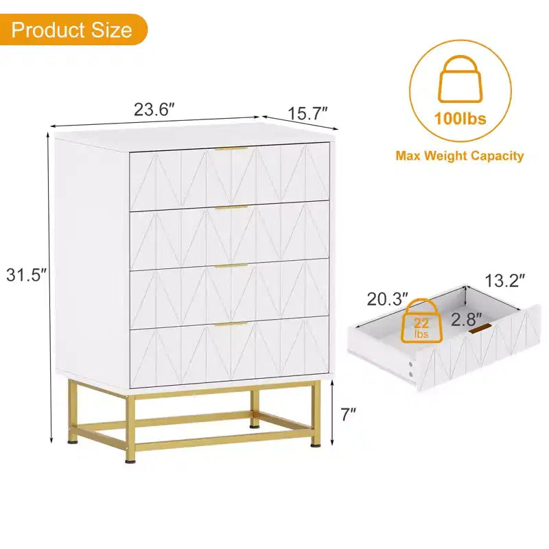 Comò a 4 cassetti, Cassettiere moderne e Comò per camera da letto, Comò in legno con gambe in metallo,