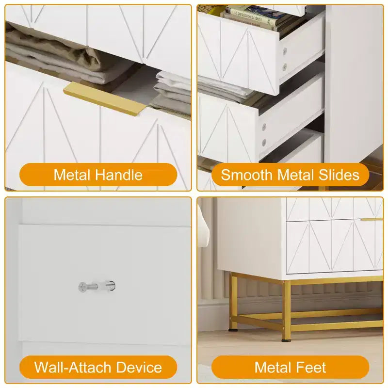Comò a 4 cassetti, Cassettiere moderne e Comò per camera da letto, Comò in legno con gambe in metallo,