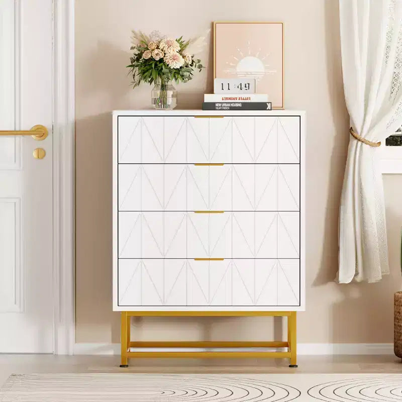 Comò a 4 cassetti, Cassettiere moderne e Comò per camera da letto, Comò in legno con gambe in metallo,