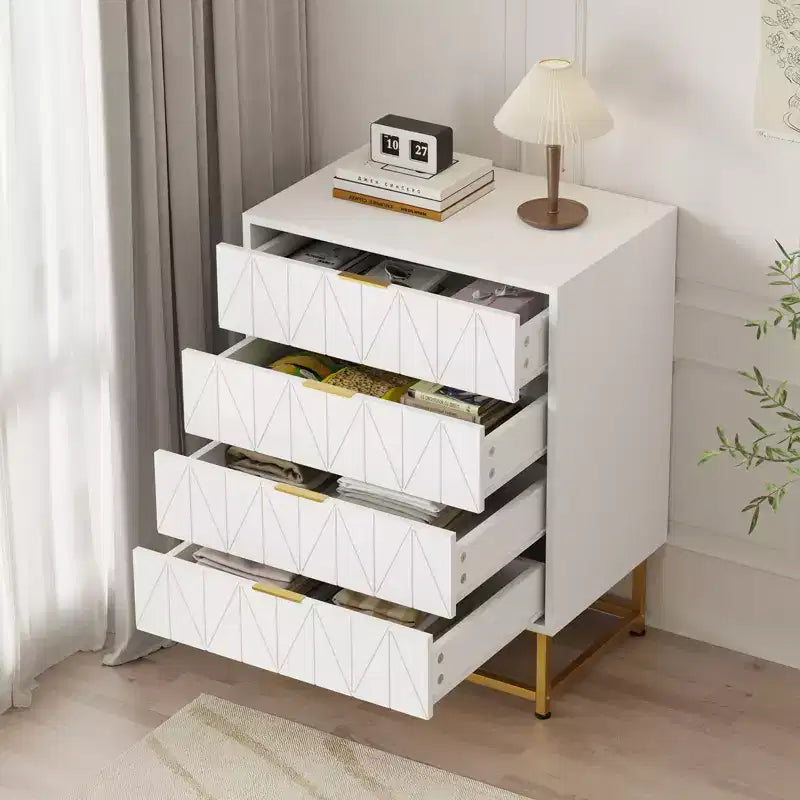 Comò a 4 cassetti, Cassettiere moderne e Comò per camera da letto, Comò in legno con gambe in metallo,