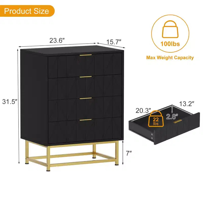 Comò a 4 cassetti, Cassettiere moderne e Comò per camera da letto, Comò in legno con gambe in metallo,