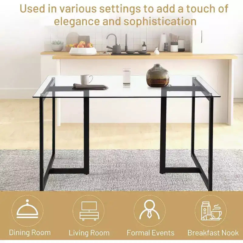Tavolo da pranzo in vetro da 55,1 pollici, tavolo da cucina rettangolare moderno con robusto telaio in metallo, ideale per sala da pranzo o ufficio domestico, nero