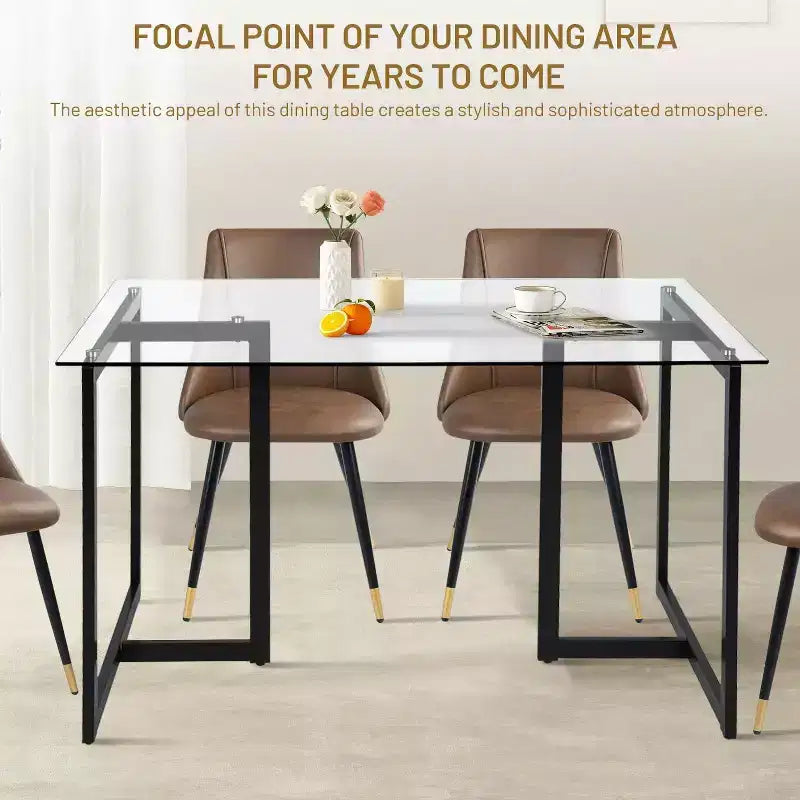 Tavolo da pranzo in vetro da 55,1 pollici, tavolo da cucina rettangolare moderno con robusto telaio in metallo, ideale per sala da pranzo o ufficio domestico, nero