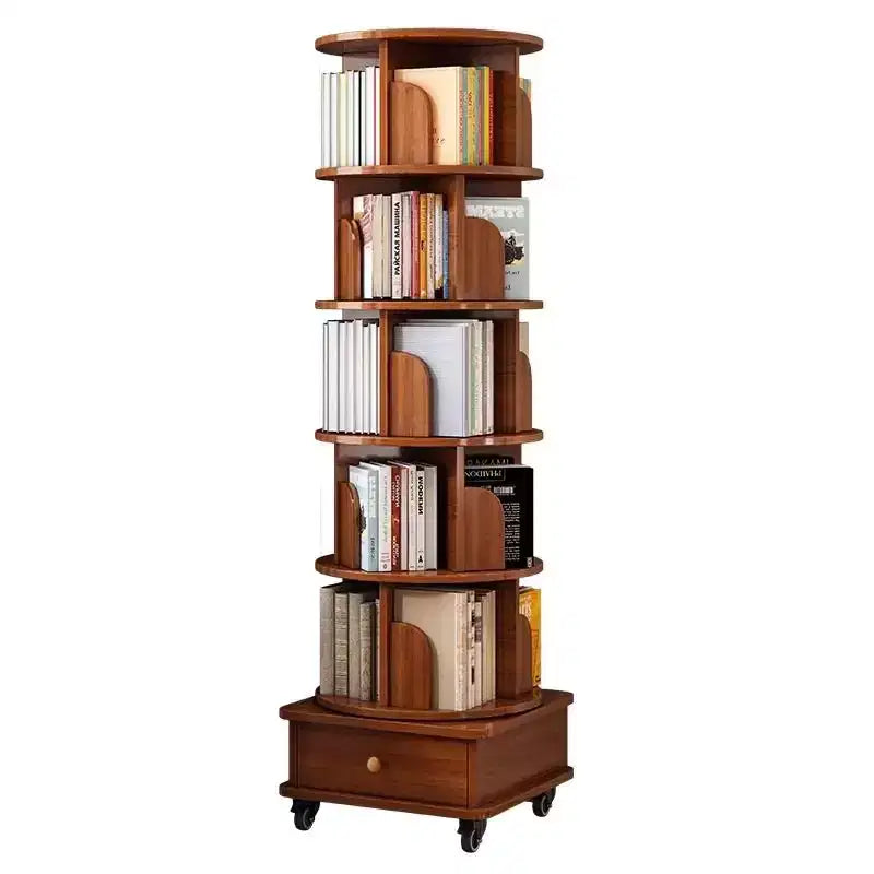Libreria Girevole con Vano Portaoggetti Inferiore e Ruote Bloccabili, Noce