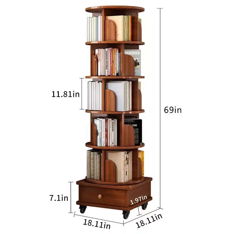 Libreria Girevole con Vano Portaoggetti Inferiore e Ruote Bloccabili, Noce