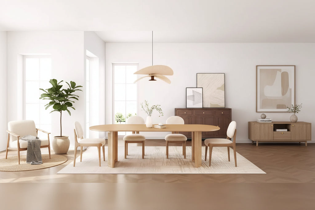 PexFix 79 Tavolo da pranzo ovale per 6-8 con piano a bordo arcuato e base in rattan intrecciato, tavolo da cucina moderno stile rustico per soggiorno sala da pranzo, colore naturale