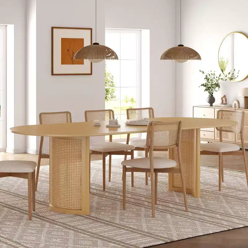 PexFix 79 Tavolo da pranzo ovale per 6-8 con piano a bordo arcuato e base in rattan intrecciato, tavolo da cucina moderno stile rustico per soggiorno sala da pranzo, colore naturale