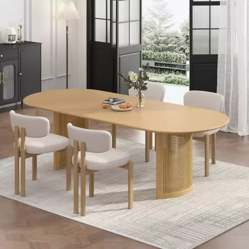 PexFix 79 Tavolo da pranzo ovale per 6-8 con piano a bordo arcuato e base in rattan intrecciato, tavolo da cucina moderno stile rustico per soggiorno sala da pranzo, colore naturale