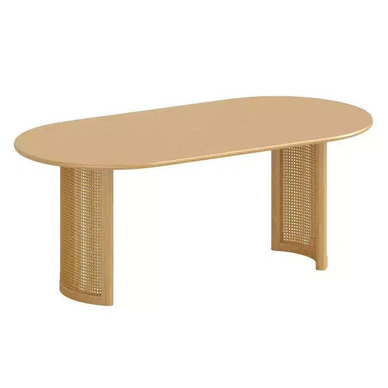 PexFix 79 Tavolo da pranzo ovale per 6-8 con piano a bordo arcuato e base in rattan intrecciato, tavolo da cucina moderno stile rustico per soggiorno sala da pranzo, colore naturale