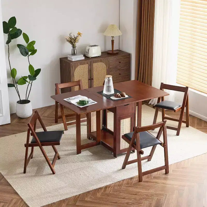 VINGLI 5-Piece Folding Dining Table Set, Extendable Drop Leaf Solid Wood Table with 4 Chairs, Drawers & Wheels