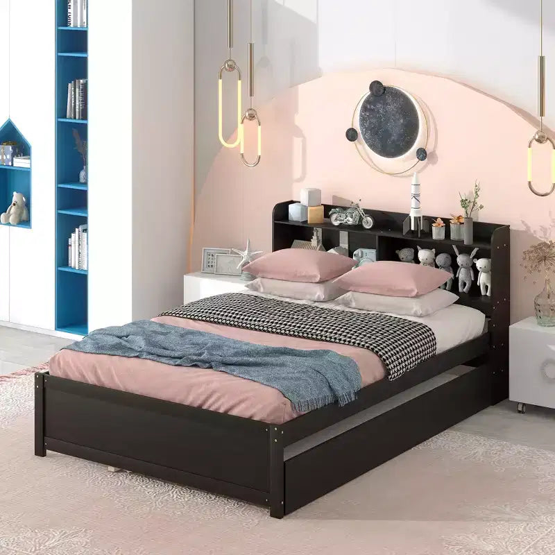 Struttura Letto Matrimoniale con Cassetto Estraibile e Testiera Contenitore, Letto Estraibile Matrimoniale con Libreria per Bambini, Letto con Libreria per Ragazzi, Adulti