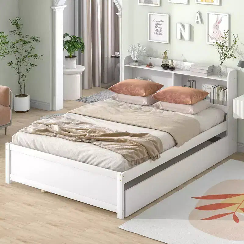 Struttura Letto Matrimoniale con Cassetto Estraibile e Testiera Contenitore, Letto Estraibile Matrimoniale con Libreria per Bambini, Letto con Libreria per Ragazzi, Adulti