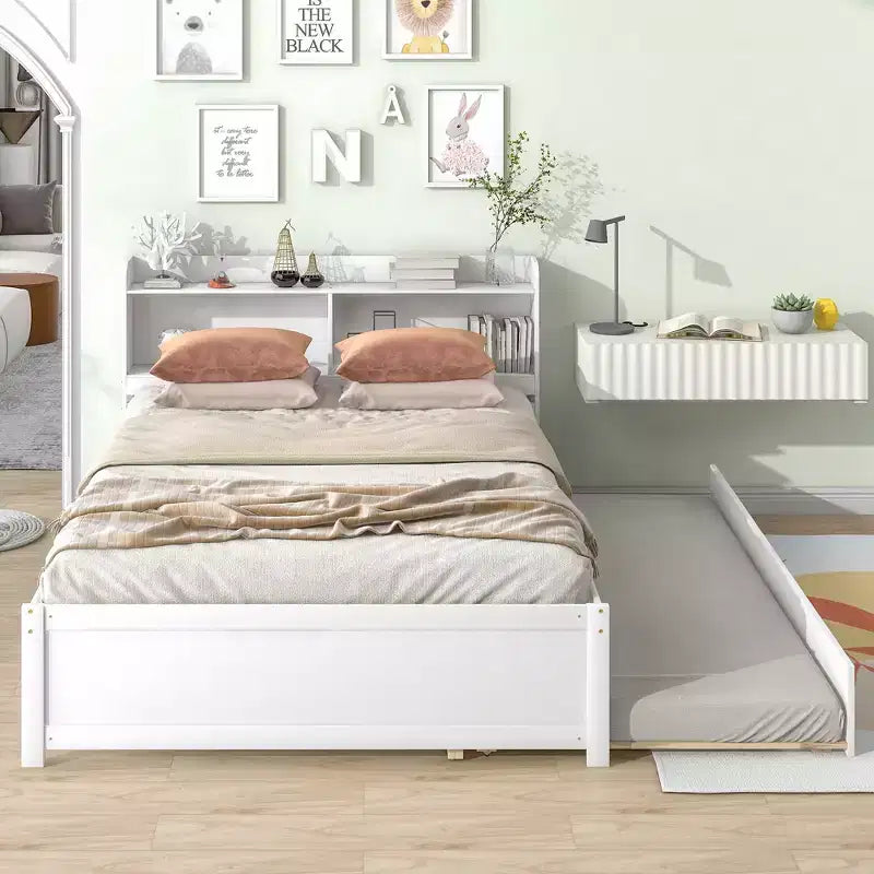 Struttura Letto Matrimoniale con Cassetto Estraibile e Testiera Contenitore, Letto Estraibile Matrimoniale con Libreria per Bambini, Letto con Libreria per Ragazzi, Adulti