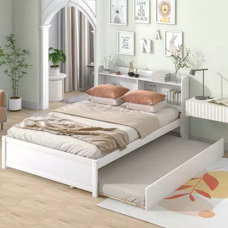 Struttura Letto Matrimoniale con Cassetto Estraibile e Testiera Contenitore, Letto Estraibile Matrimoniale con Libreria per Bambini, Letto con Libreria per Ragazzi, Adulti
